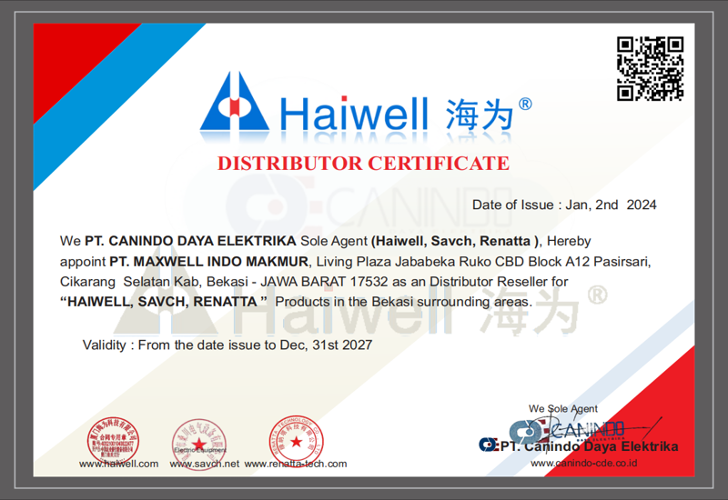 Sertifikat Distributor Resmi Haiwell Indonesia — PT. Maxwell Indo Makmur Cikarang