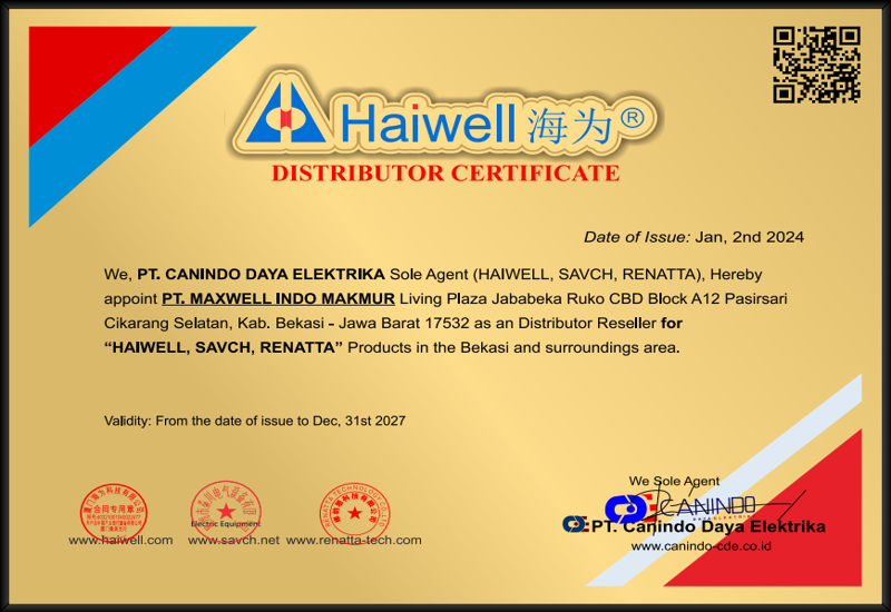 Sertifikat Produk Haiwell Asli — Garansi Resmi Maxwell MIM Bekasi