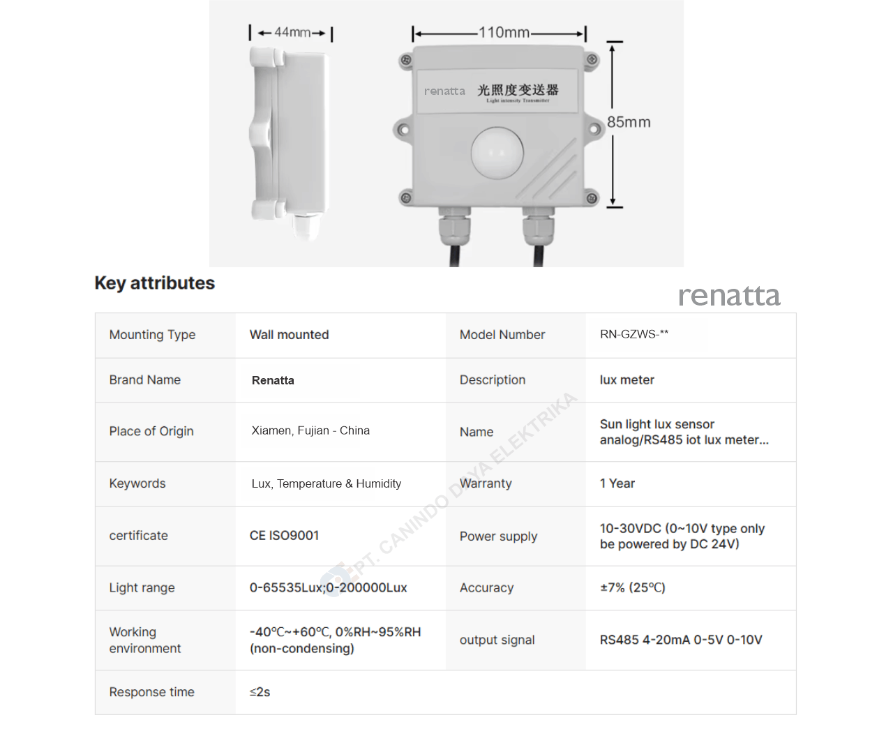 Technical Specification - Temp & Humi & Lux Transmitter - RN-GZWS-N01