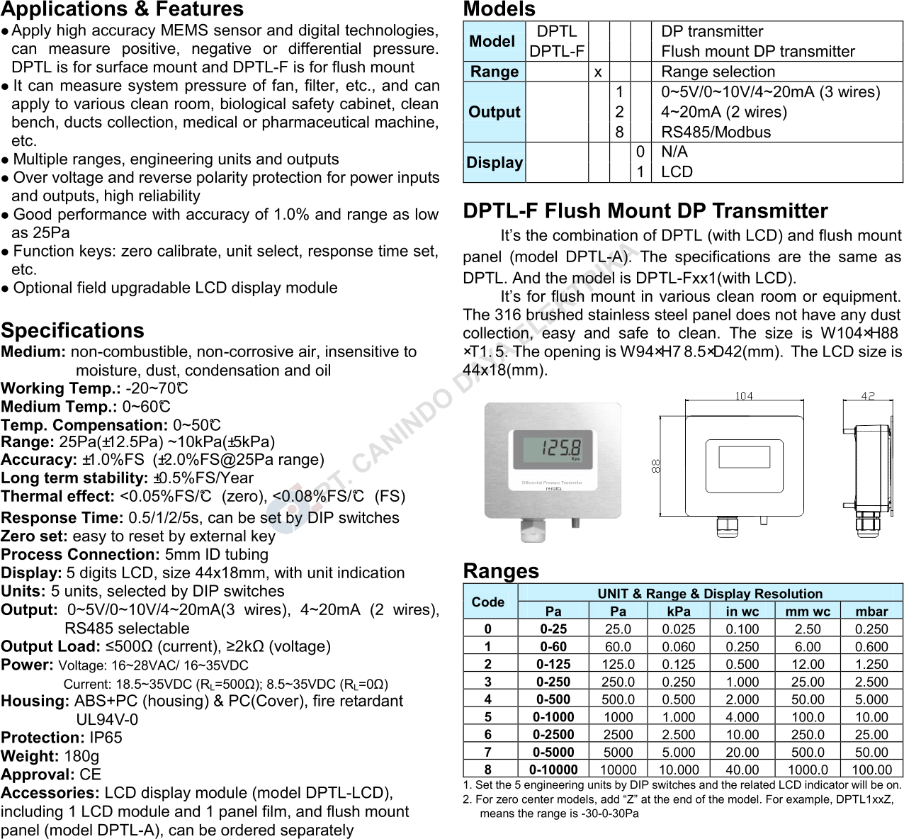 Technical Specification - Renatta DPTL Series (Low Range Differential Pressure Transmitter)