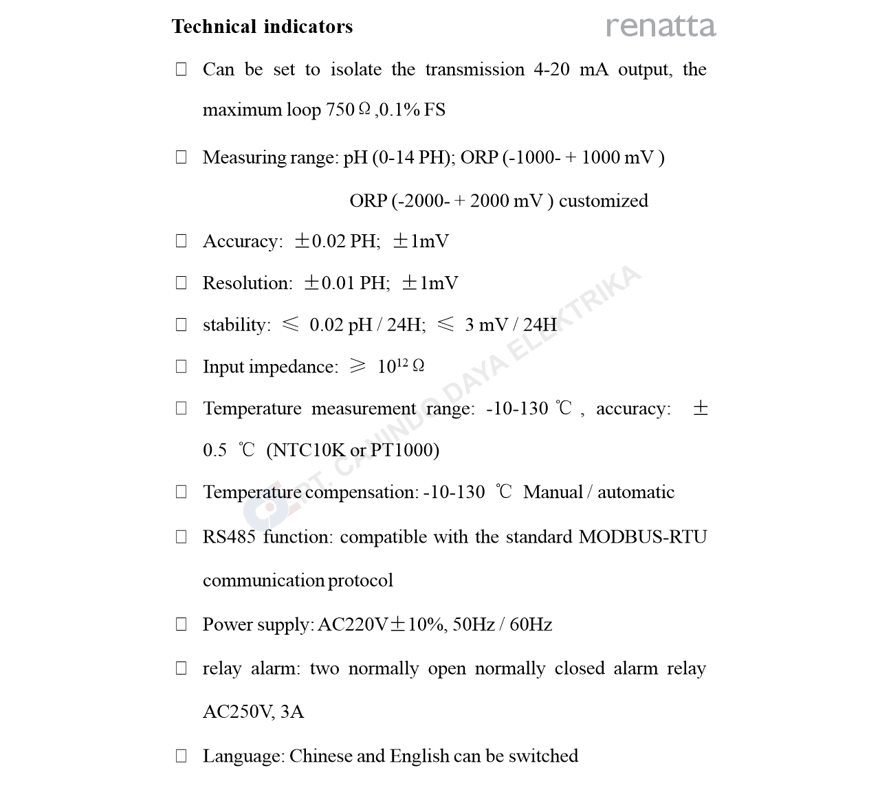 Technical Specification - Renatta pH / ORP Sensor